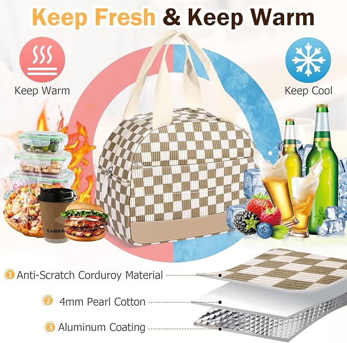 Lunch Box Lunch Bag for Women Men, Leakproof, Insulated Lunch Box Tote with Large Capacity, Lunch Container for Work/Office (Corduroy Khaki Grid)