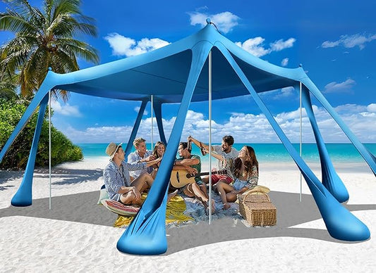 Beach Tent Sun Shelter Beach Canopy Tent Sun Shade Pop Up 10x10 UPF50+ with 8 Sandbags-2 Sand Shovel-Portable 4 Aluminum Poles-Ground Pegs-Easy Setup for Outdoor Family Camping Fishing Picnic