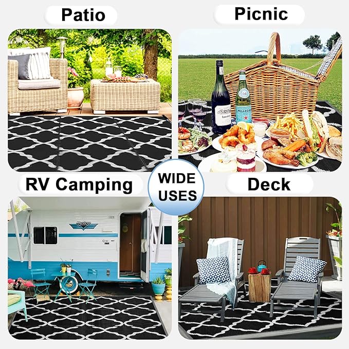 OutdoorLines Outdoor Plastic Area Rugs for Patio 9x12 ft - Reversible Outside Carpet, Stain & UV Resistant RV Mats, Straw Rug for Camping, Deck Garden, Porch and Balcony, Moroccan Black & Light Grey