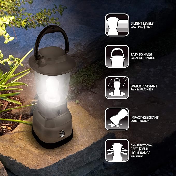 Enbrighten LED Mini Lantern, Battery Operated, Bright White, 200 Lumens, 40 Hour Runtime, 3 Light Levels, Ideal for Outdoors, Camping, Hurricane, Storm, Tornado & Emergency, Bronze, 36578