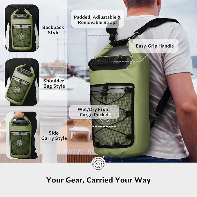 STOVER 5/10/25/30/40/55L Waterproof Dry Backpack- Medium Floating Dry Bag for Kayaking, Travel, Tubing, Hiking, Fishing, Camping, Motorcycles & Beach, Heavy Duty Roll Top Men/Women (Green)