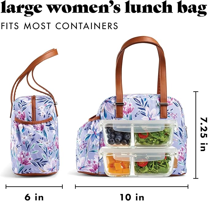 Fit & Fresh Lunch Bag For Women, Insulated Womens Lunch Bag For Work, Leakproof & Stain-Resistant Large Lunch Box For Women With Bottle Pocket, Long Straps, Zipper Closure Laketown Bag Floral Lilac