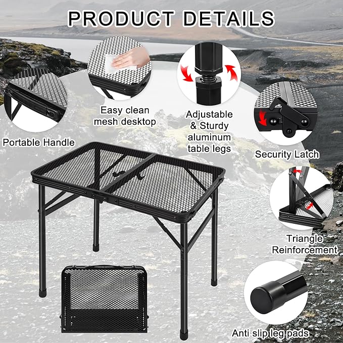 jkwokback Grill Table Camping Table Portable Folding Table Outdoor Picnic Table,Height Adjustable Collapsible Table with Mesh Desktop,Lightweight Metal Foldable Table for Camp BBQ Picnic RV