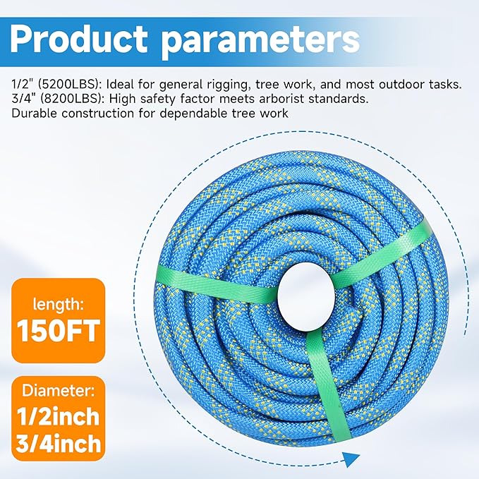 Rigging Rope 1/2 in x 150 Ft Double Braided Polyester Rope Polyester Braided Arborist 48 Strands for Various Outdoor Applications Construction Climbing Swing Sailing (Blue, 1/2X150FT)