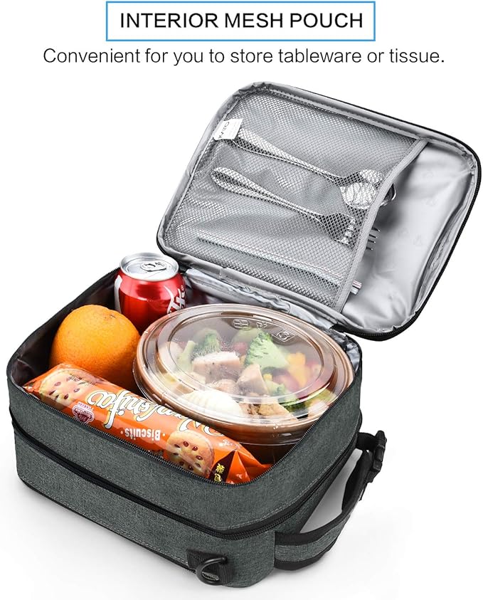 Expandable Insulated Lunch Bag, Leakproof Flat Lunch Cooler Tote with Shoulder Strap for Men and Women, Suitable for Work & Office by Tirrinia, Charcoal