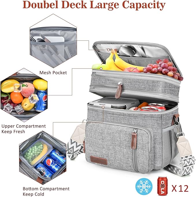 LOKASS Lunch Box for Women/Men-16L-Insulated Lunch Bag, Expandable Double-layer Leakproof Cooler Bag with Upgrade Adjustable Shoulder Strap Ideal for Work/Travel/Picnics（Gray）
