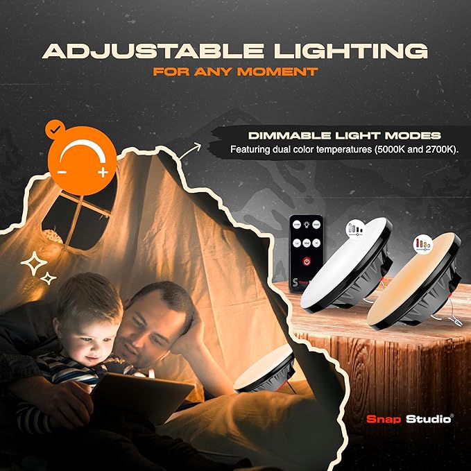 Portable LED Hanging Tent Lights for Camping - Splash Proof IP44 Rated Solar Camping Light Rechargeable - ABS Water Resistant Canopy Lights Outdoor - Chrome Hook for Hanging Downlight - Pack 2