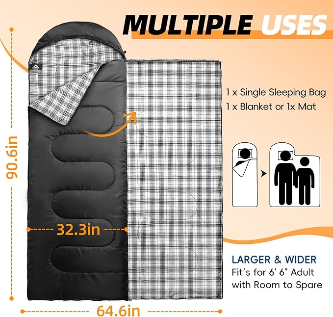 MEREZA Flannel Sleeping Bag for Adults XL, Large Wide Sleeping Bags for Camping Mens Warm Cotton Sleeping Bag 4 Season Warm & Cool Weather
