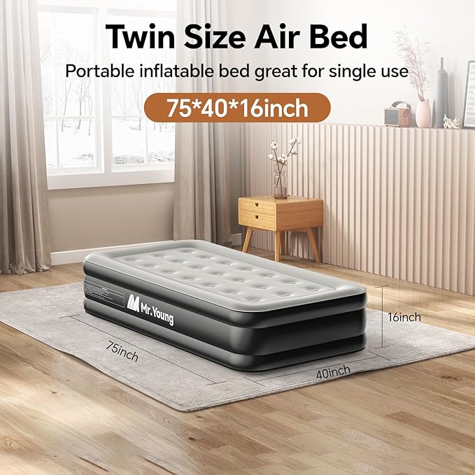 Mr.Young Air Mattress Twin with Built in Pump, Luxury Blow up Mattress, Colchones Inflables in 2 Mins Self-Inflation/Deflation, Inflatable Mattress for Guests and Home, Camping, 650lb MAX
