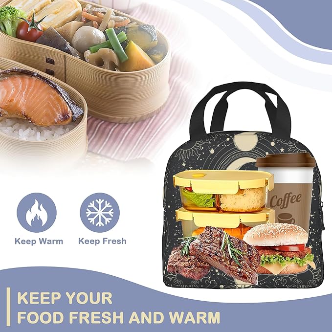 Insulated Lunch Bag, Gold Sun Moon Lunch Box for School Student Kids Boys Girls,Leakproof Small Lunch Tote for Adult Men Women,Reusable Lunch Cooler Tote Bag for Office Work Picnic