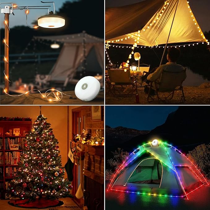 Camping String Lights with 8 Modes, 4 in 1 Portable Camping Light Rechargeable, USB Charging, Quick Storage, 32.8ft Waterproof Tent Light for Camping, Hiking, Christmas