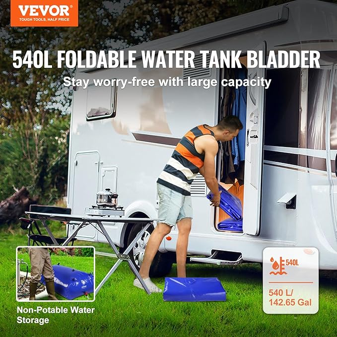 VEVOR 540L/142.7 Gallon Water Storage Bladder, RV Water Tank, 1000D Blue PVC Collapsible Water Storage Containers, Large Capacity Soft Water Bag, Portable Water Bladder, Garden Irrigation,Camping