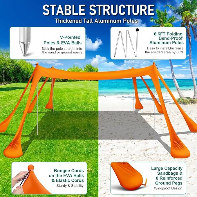 Beach Tent Sun Shelter Beach Canopy Tent Sun Shade Pop Up 10x10 UPF50+ with 8 Sandbags-2 Sand Shovel-Portable 4 Aluminum Poles-Ground Pegs-Easy Setup for Outdoor Family Camping Fishing Picnic