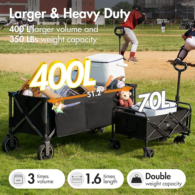 PORTAL 51.2" Long Wagons Carts Foldable with Brakes, Large Foldable Wagon with Cargo Net, Side Pocket, Cup Holders, 350 LBs Heavy Duty Utility Grocery Wagons for Sports, Camping
