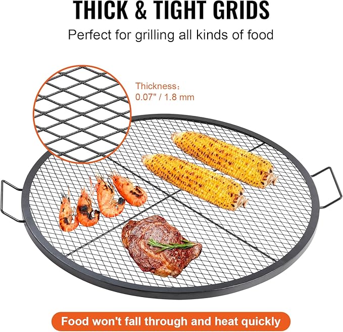 VEVOR X-Marks Fire Pit Grill Grate, Round Cooking Grate, Heavy Duty Steel Campfire BBQ Grill Grid with Handle and Support X Wire, Portable Camping Cookware for Outside Party & Gathering, 36 Inch Black