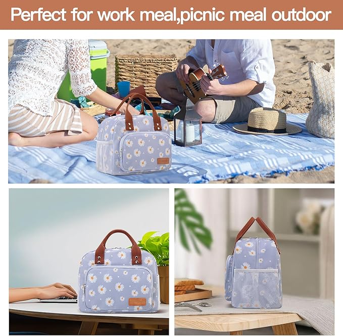 Lunch Bag Women,Insulated Lunch Box Lunch Bag for Women Men Work Adult Cute Small Lunch Tote Bag, Large Capacity Reusable Cooler Containers for Travel Picnic Office or Beach(Blue Daisy)