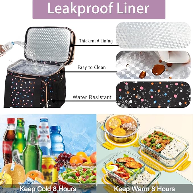 GLENKEY Expandable Lightweight Insulated Lunch Box for Women, Double Deck Large Lunch Bag Leakproof Soft Cooler Bags for Adults Work Office Flight Beach Travel, Polka Dots, 16L