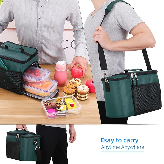TOP&TOP Insulated Lunch Box and Cooler Bag for Men, Green, Unisex, Polyester, 13"L x 7"W x 9"H, 3 Reusable Meal Prep Containers, 2 Ice Packs, Detachable Shoulder Strap