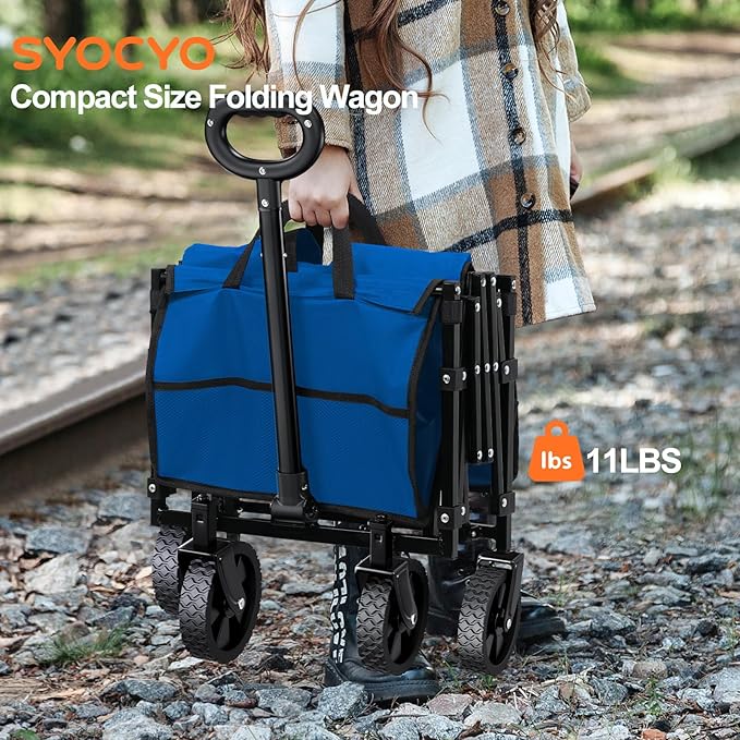Collapsible Wagon Cart 360lbs Beach Foldable Wagon Lightweight & Portable Folding Utility Grocery Shopping Carts with Wheels for Shopping Sports Garden Camping Blue