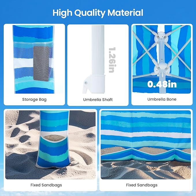 Grandekor 6'x6' UPF 50+ Beach Cabana Canopy Tent Instant Setup Sun Shelter with Sidewalls Sand Anchors Hanging Hooks for Family Beach Trips Outdoor Shade Shelter with Windproof Sand Pockets