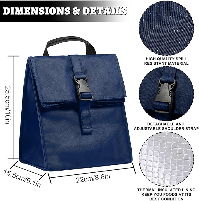 Insulated Foldable Lunch Bag- Lightweight Portable with Adjustable Shoulder Strap Lunch Box for Men, Women, Office, Work, Picnic, Hiking and Beach (Navy Blue(Soft Fabric))