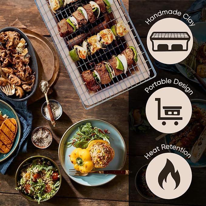 Fire Sense 60450 Yakatori Internal Grates Charcoal Chrome Cooking Grill Japanese Table BBQ Handmade Using Clay Adjustable Ventilation For Outdoor Barbecues Camping Traveling - Large - Tan