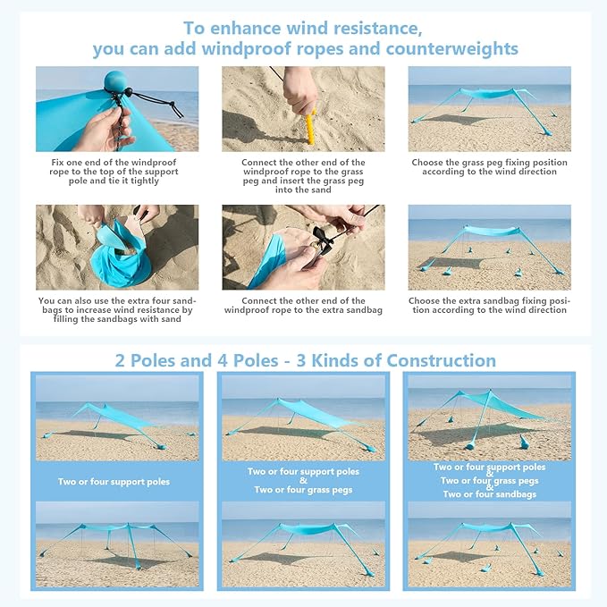 Beach Tent Sun Shelter 10 x 10FT with 8 Sandbags, UPF 50+ Protection Beach Shade Canopy, Eazy Up Portable Canopy Tent for Sun, Camping, Fishing, Backyard