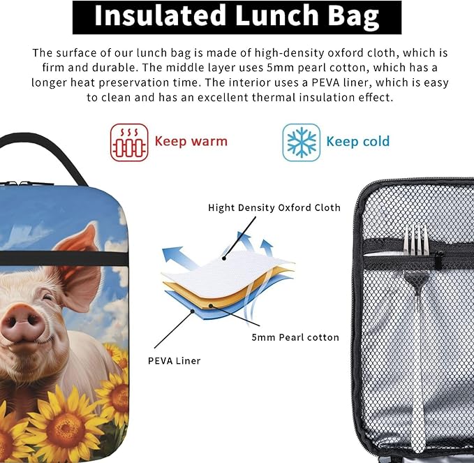 SARA NELL Funny Pig Lunch Bag, Reusable Insulated Lunch Cooler Box, Leakproof Thermal Lunch Bags for Work, Picnic, School or Travel, Multicolor, Animal Print