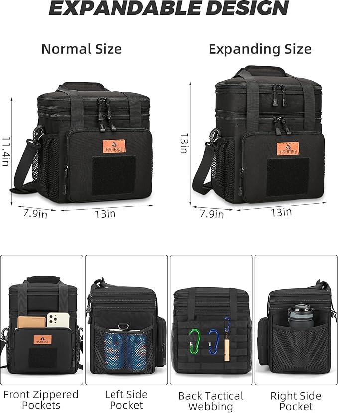 HSHRISH Expandable Xlarge Tactical Lunch Box for Adults, Leakproof Insulated Lunch Bag with Lots of Storage Space, Durable Cooler Bag for Men Women Work Outdoor Picnic Trips, 22L(Black)
