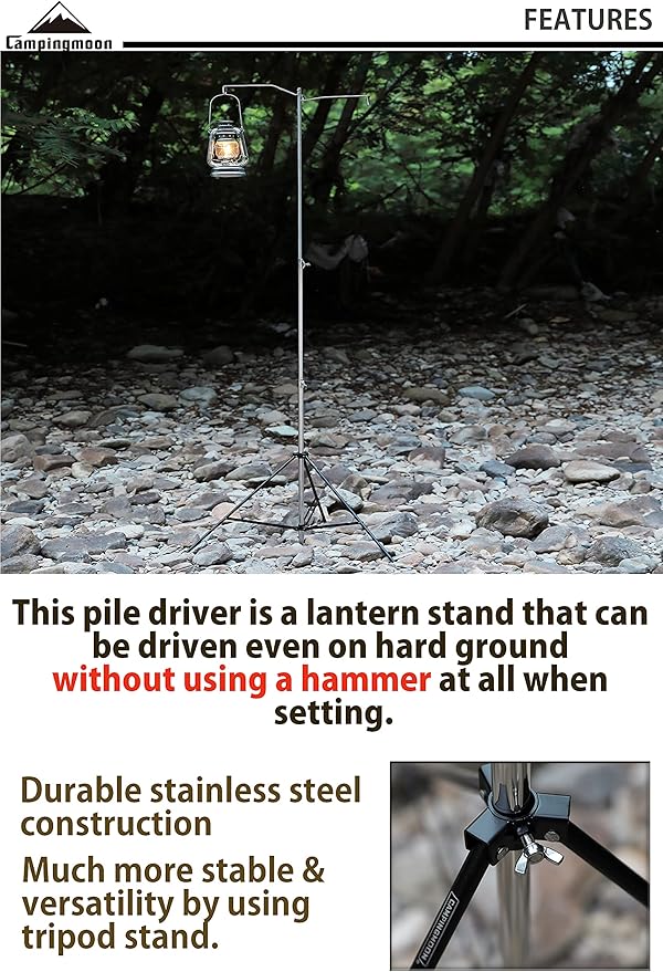 camping moon CAMPINGMOON Heavy Duty Stainless Steel Lantern Pile Driver Height Adjustable with Tripod Stand and Storage Bag D-240, D-243