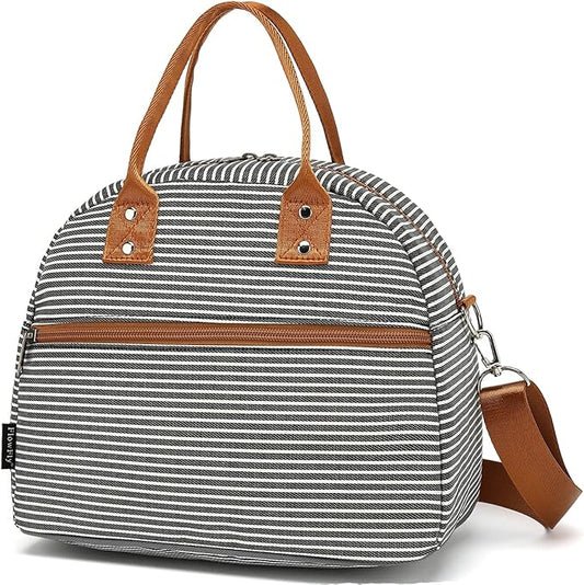 FlowFly Insulated Lunch Bag With Shoulder Strap for Women, Men, and Kids, Large and Reusable, Handle, Freezable Work and School Travel Tote and Meal Prep Organizer,White and Black Stripes