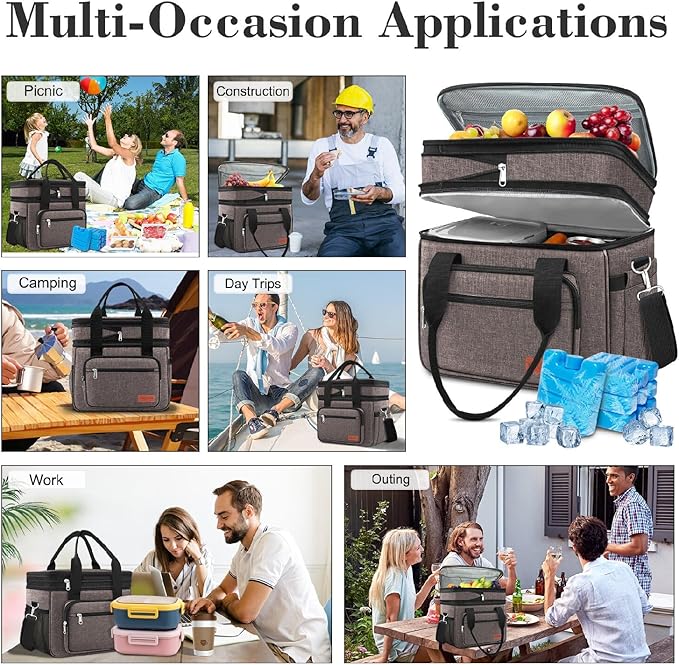 23L Extra Large Expandable Insulated Cooler Lunch Box for Men Double Deck Leakproof Heavy Duty Lunch Bag with 4 Ice Packs&2 Snack Bags for Adult/Construction/Women/Work/Picnic/Camping - Brown