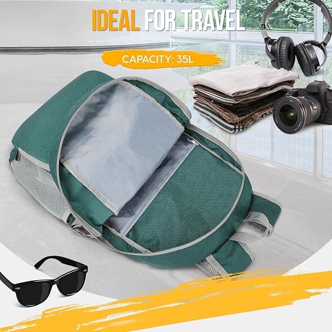 ZOMAKE Lightweight Packable Backpack 35L, Light Foldable Backpacks Water Resistant Collapsible Hiking Bag, Compact Folding Day Pack for Travel Camping(Dark Green)