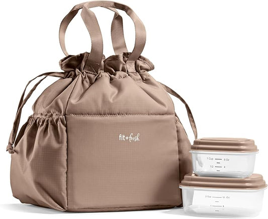 Fit & Fresh Lunch Bag For Women, Insulated Womens Lunch Bag For Work, Stain-Resistant Large Lunch Box For Women With Containers, Cinch Closure Cromwell Bag, Taupe