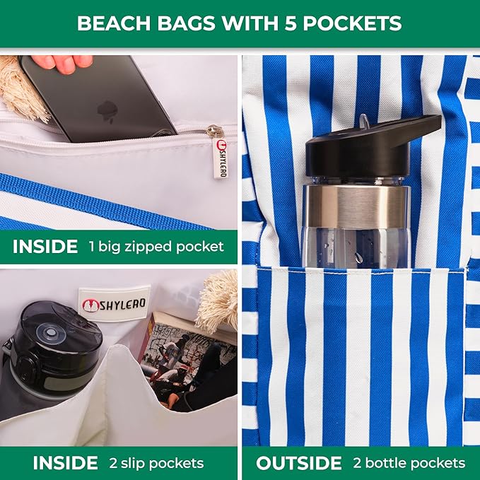 SHYLERO Beach Bag and Pool Bag. Has Airtight Pouch, Ton of Pockets. Beach Tote is Zippered, Water Resistant. Family Size