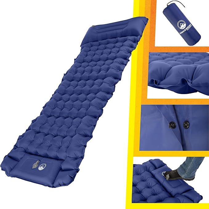 Wakeman Sleeping Pad for Camping - Inflatable Mat with Built-in Foot Pump - Waterproof Camp Mattress - Camping Gear Must Haves Outdoors (Blue)