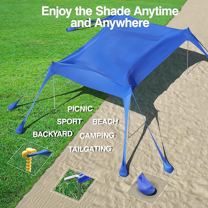 Rhino Valley Beach Tent Sun Shelter, Beach Canopy Tent Sun Shade UPF50+ Protection with 8 Sandbags 4 Stability Poles, Outdoor Beach Shade Canopy for Beach, Camping, Fishing