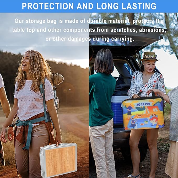 AO LI GEI Folding Camping Table Small with Storage Bag,Adjustable Height Portable Picnic Table,Upgraded Thickening Lightweight Outdoor Table Aluminum Legs (Brown:15.7"x35.4", 2 Height:9.8"/19.7")