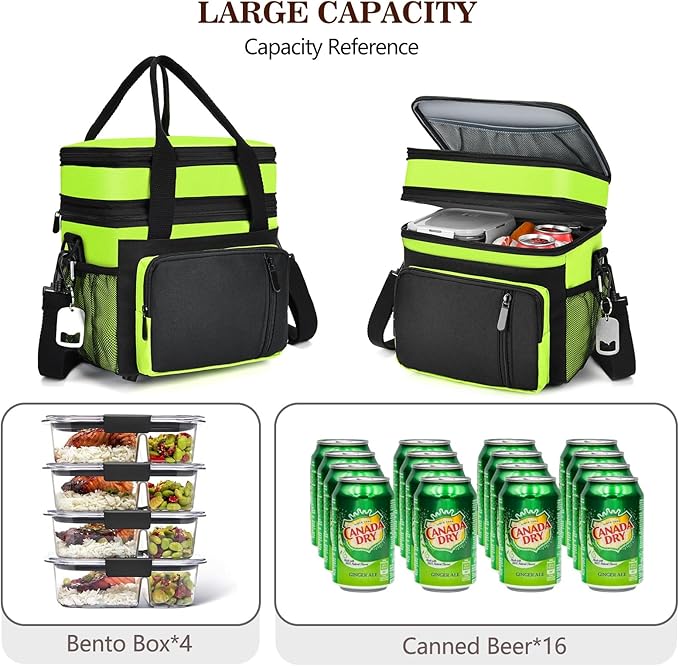 Lunch Box & Lunch Bag for Men Women, Large Insulated Adult Lunch Box, Leakproof Cooler Lunchbox with Bottle Opener for Work Picnic Beach, 16L, Neon Green
