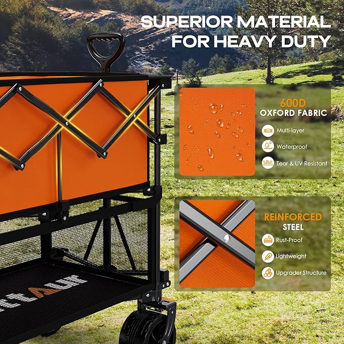 Foldable 50''L Extra Long Double Decker Wagon for Sport, 400L Collapsible Heavy Duty Wagon Cart with Big Wheels, Utility All-Terrain Large Extender Cart for Outdoors, Orange