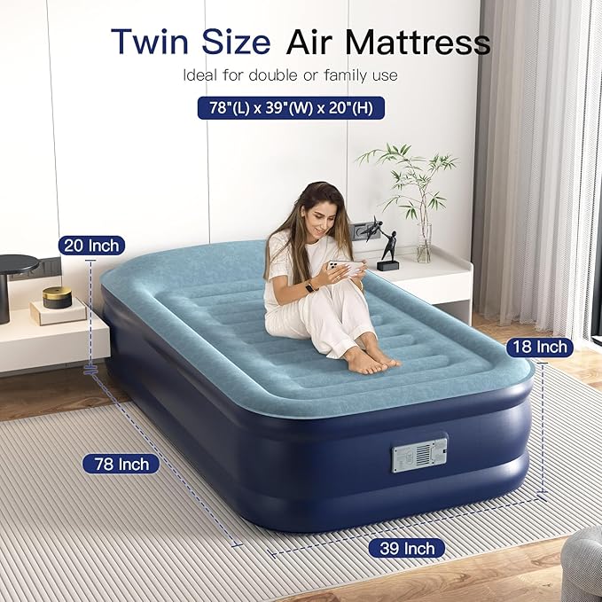 Twin Air Mattress 20” Top Pillow with Built in Pump, 2 Mins High Speed Inflation Luxury Auto Stop Pump Blow Up Mattress Comfort Air Bed, Colchones Inflables