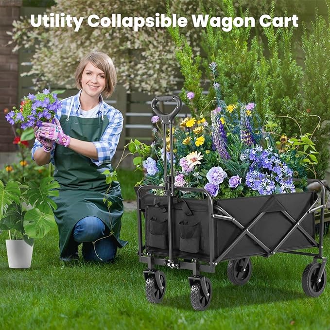 220 Lbs Collapsible Wagon, Large Capacity Beach Wagon with All-Terrain Wheels for Sand, Foldable Heavy Duty Utility Wagon Carts with Drink Holders for Shopping Sports Camping - 30 Inch
