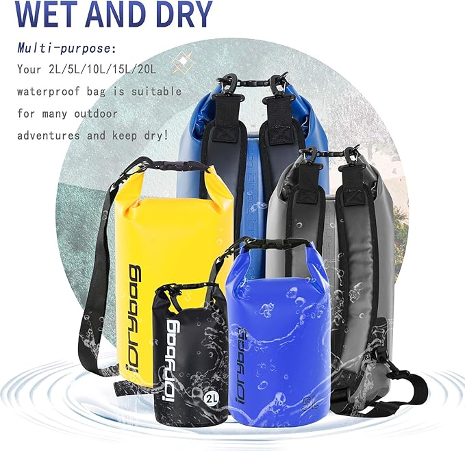 IDRYBAG Dry Bags for Kayaking Waterproof 2L/5L/10L/15L/20L, Small Dry Bag Waterproof Floating, Dry Sack Waterproof Bag for Paddleboarding Travel