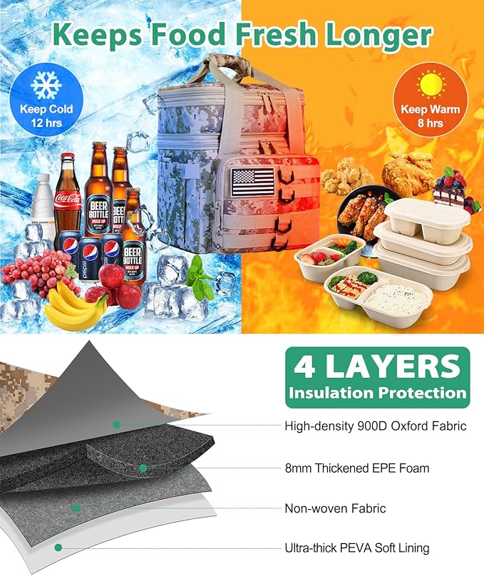 Tactical Lunch Box for Men, Large Insulated Lunch Bag Adult, Heavy Duty Double Deck Expandable Lunch Cooler Bag Leakproof Waterproof Lunch Tote for Work Office Camping Travel-Camo khaki