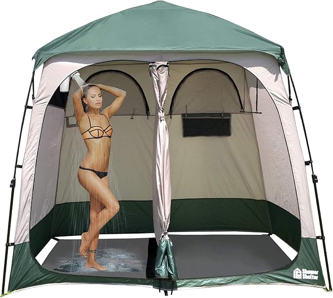 EasyGo Product Shower Shelter – Giant Portable Outdoor Pop UP Camping Shower Tent Enclosure – Changing Room – 2 Rooms – Instant Tent – 7.5' Tall x 4' Deep x 7.5' Wide, Green