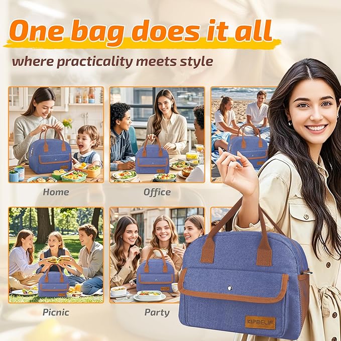 KIPBELIF Cute & Roomy Adult Lunch Box for Women – Stylish Insulated Lunch Bag with Cooling Pack, Shoulder Strap, Multi-Pockets for Work, Picnic, and Travel (Standard Size)