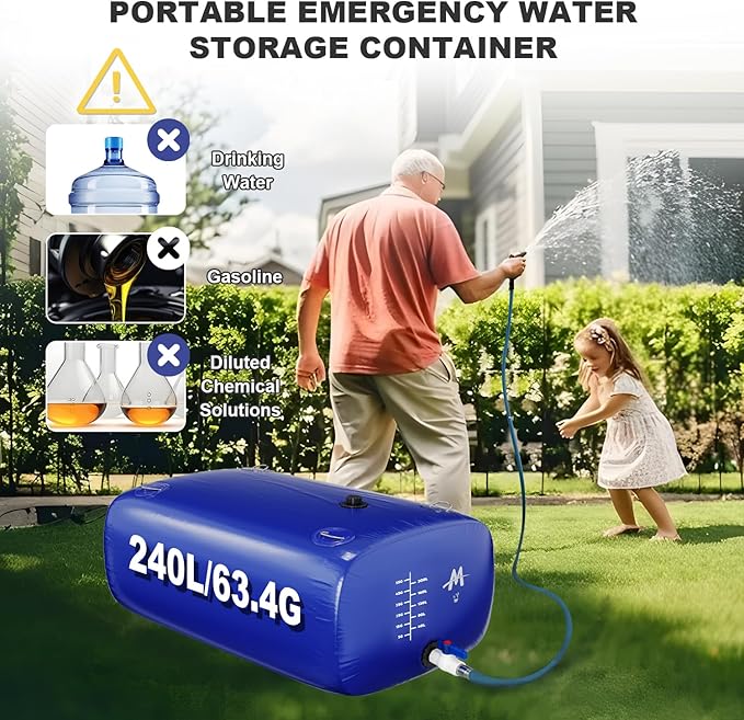 Moongiantgo 63.4G/240L Foldable Water Bladder-1000D PVC Portable Emergency Water Storage Container with Valve & Overflow Kit-Soft Storage Bag for Emergencies, RV, Camping, Irrigation