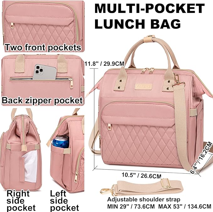 AIJIEKE Lunch Bag for Women, Large Lunch Box for Work Insulated Lunch Bag, Adult Leak Proof Lunch Tote Cooler Bag with Side Pockets & Adjustable Strap, Lunch Purse for Picnic Beach Hiking, Pink