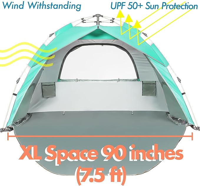 Beach Tent Pop Up Beach Sun Shade Tent with UPF 50+ UV Protection, Removable Floor Zippered Privacy & Ventilation Sun Shelter Family 3 to 4 Person