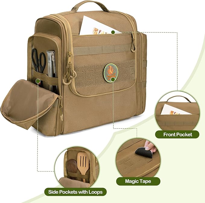 Large Tactical Camping Kitchen Organizer, Hanging Cookware Storage Bag with Paper Towel Holder & Multi Pockets, Portable Camp Utensil Organizer for BBQ Cooking Essentials, Khaki, Bag Only